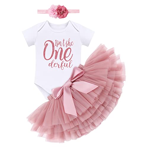 IMEKIS Baby Mädchen 1. Geburtstag Outfit Kurzarm Regenbogen Strampler + Bowknot Rüschen Tutu Rock + Blume Krone Stirnband 3tlg Fotoshooting Requisiten Party Bekleidungset Dunkelrosa 1 Jahr von IMEKIS