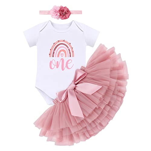 IMEKIS Baby Mädchen 1. Geburtstag Outfit Kurzarm Regenbogen Strampler + Bowknot Rüschen Tutu Rock + Blume Krone Stirnband 3tlg Fotoshooting Requisiten Party Bekleidungset Rosa 1 Jahr von IMEKIS