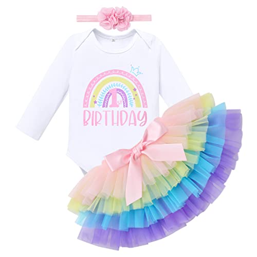 IMEKIS Baby Mädchen 1. Geburtstag Outfit Langarm Regenbogen Strampler + Bowknot Rüschen Tutu Rock + Blume Krone Stirnband 3tlg Geburtstagsfeier Bekleidungset Fotoshooting Requisiten Regenbogen 1 Jahr von IMEKIS