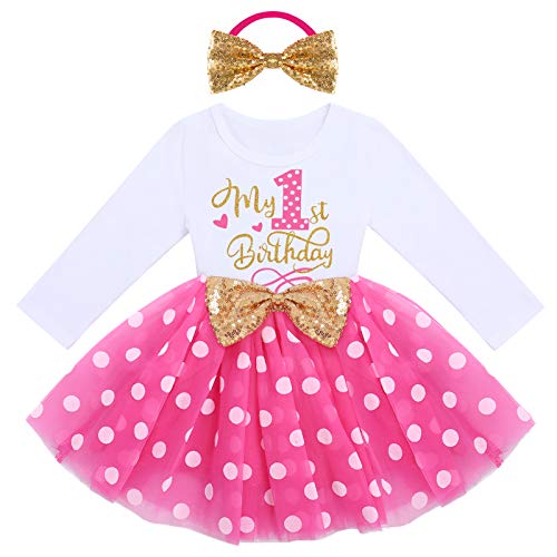 IMEKIS Baby Mädchen 1. Geburtstag Outfit Prinzessin Langarm Minnie Tüll Kleid mit Bowknot Stirnband Kleinkind Kinder Polka Dot Kleidung Set Rose 1 Jahr von IMEKIS
