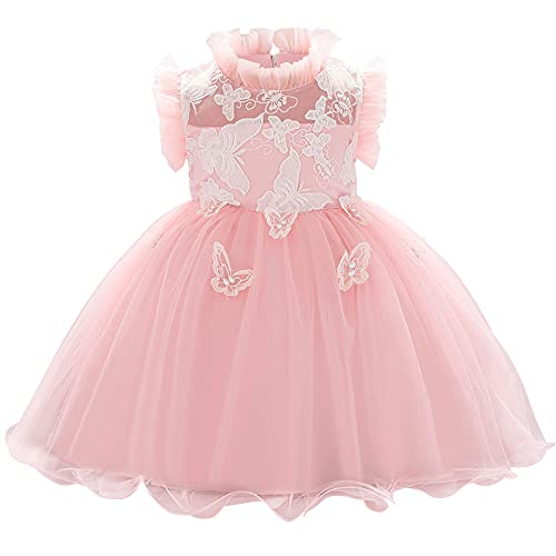 IMEKIS Baby Mädchen Blumenkleid Neugeborenes Kleinkind Rüschen Party Kleid Schmetterling Stickerei Bowknot Tutu Prinzessin Hochzeit Geburtstag Festzug Ballkleid Rosa 12-18 Monate von IMEKIS