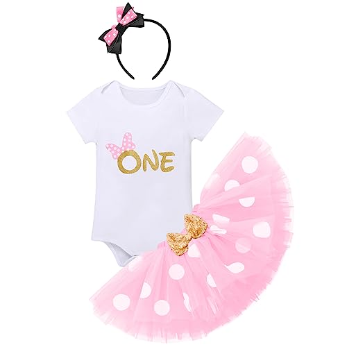 IMEKIS Baby Mädchen Geburtstag Outfit Prinzessin Polka Dot Kostüm Kurzarm Strampler Top Shirt + Pailletten Bowknot Tüll Tutu + Stirnband Kleinkind Fotoshooting Requisiten Rosa 1 Jahr von IMEKIS