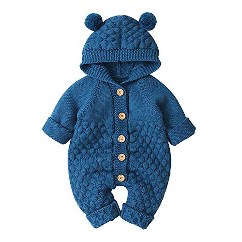 IMEKIS Baby Mädchen Jungen Kleidung Gestrickt Strampler Overall Einteilig Kapuzenpullover Langarm Häkeln Bodys Schneeanzug Warmer Herbst Winter Outfit Dunkelblau 6-12 Monate von IMEKIS