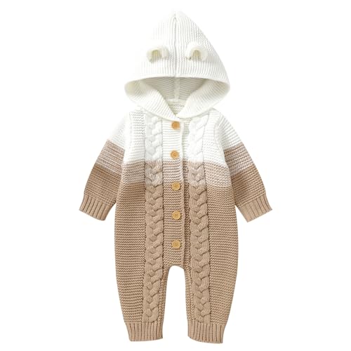 IMEKIS Baby Mädchen Jungen Kleidung Gestrickt Strampler Overall Einteilig Kapuzenpullover Langarm Häkeln Bodys Schneeanzug Warmer Herbst Winter Outfit Khaki 74 von IMEKIS