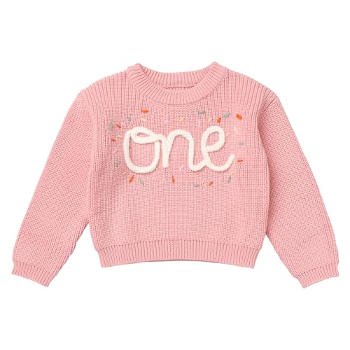 IMEKIS Baby Mädchen Jungen Pullover Erste Geburtstag Fotoshooting Outfit Langarm Stickerei Strickpullover Herbst Winter Grobstrick Top Kleidung Rosa 1 Jahr von IMEKIS