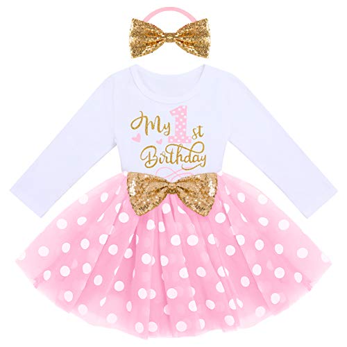 IMEKIS Baby Mädchen Mein 1./2 ./3. Geburtstag Outfit Prinzessin Langarm Glänzend Tüll Kleid mit Bowknot Stirnband Kleinkind Kinder Minnie Kleidung Set Dot Rosa 1 1 Jahre von IMEKIS