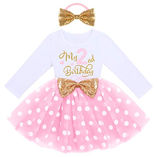 IMEKIS Baby Mädchen Mein 1./2 ./3. Geburtstag Outfit Prinzessin Langarm Glänzend Tüll Kleid mit Bowknot Stirnband Kleinkind Kinder Minnie Kleidung Set Dot Rosa 2 Jahre von IMEKIS