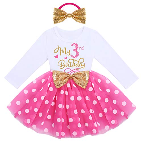 IMEKIS Baby Mädchen Mein 1./2 ./3. Geburtstag Outfit Prinzessin Langarm Glänzend Tüll Kleid mit Bowknot Stirnband Kleinkind Kinder Minnie Kleidung Set Dot Rose 3 Jahre von IMEKIS