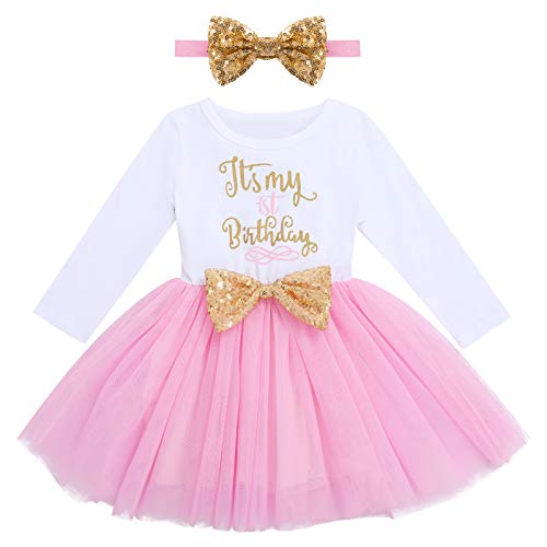 IMEKIS Baby Mädchen 1. Geburtstag Outfit Prinzessin Langarm Glänzend Brief Druck Tüllrock mit Bowknot Stirnband Kleinkind Kinder Fotoshooting Kleidung Set Rosa 1 Jahr von IMEKIS