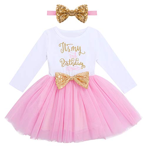 IMEKIS Baby Mädchen Mein 1./2 ./3. Geburtstag Outfit Prinzessin Langarm Glänzend Tüll Kleid mit Bowknot Stirnband Kleinkind Kinder Minnie Kleidung Set Rosa 2 2 Jahre von IMEKIS