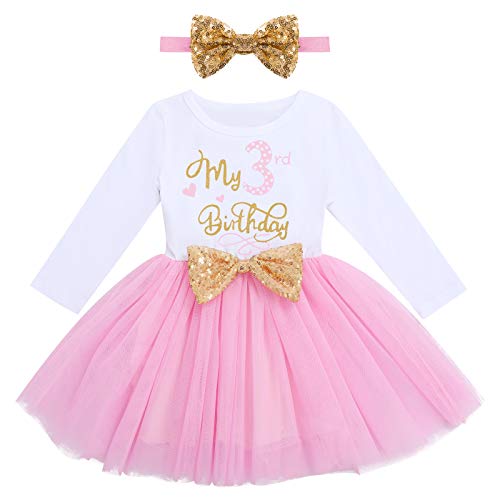 IMEKIS Baby Mädchen Mein 1./2 ./3. Geburtstag Outfit Prinzessin Langarm Glänzend Tüll Kleid mit Bowknot Stirnband Kleinkind Kinder Minnie Kleidung Set Rosa 3 Jahre von IMEKIS