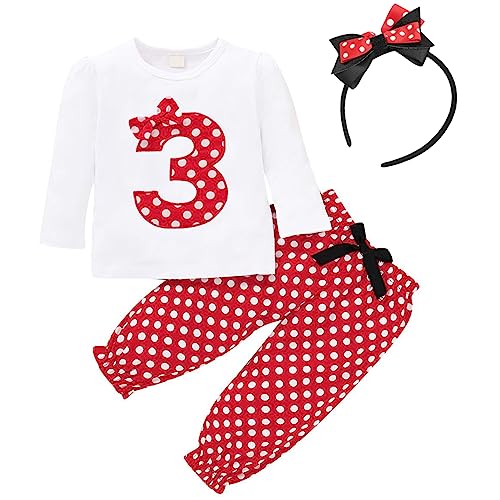 IMEKIS Baby Mädchen Geburtstag Fotoshooting Outfit Langarm Top Shirt und Polka Dots Hose mit Bowknot Stirnband Kleinkind 3 Stück Prinzessin Festlich Kleidung Set Rot 3 2-3 Jahre von IMEKIS