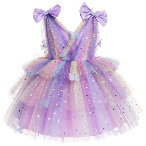 IMEKIS Baby Mädchen Schmetterling Geburtstag Kleid Ärmellos V-Ausschnitt Tüll Tutu Prinzessin Regenbogen Rüschen Kleid Kinder Hochzeit Festzug Partykleid Lila 18-24 Monate von IMEKIS