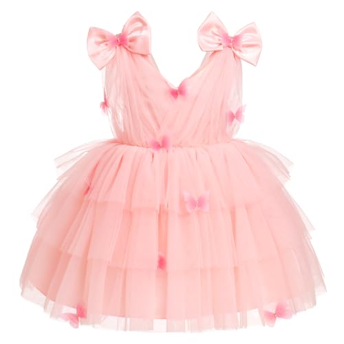 IMEKIS Baby Mädchen Schmetterling Geburtstag Kleid Ärmellos V-Ausschnitt Tüll Tutu Prinzessin Regenbogen Rüschen Kleid Kinder Hochzeit Festzug Partykleid Rosa 18-24 Monate von IMEKIS