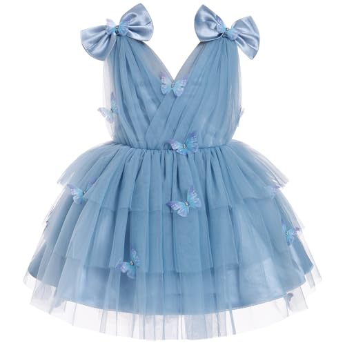 IMEKIS Baby Mädchen Schmetterling Geburtstag Kleid Ärmellos V-Ausschnitt Tüll Tutu Prinzessin Regenbogen Rüschen Kleid Kinder Hochzeit Festzug Partykleid See Blau 2-3 Jahre von IMEKIS