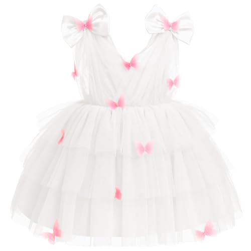 IMEKIS Baby Mädchen Schmetterling Geburtstag Kleid Ärmellos V-Ausschnitt Tüll Tutu Prinzessin Regenbogen Rüschen Kleid Kinder Hochzeit Festzug Partykleid Weiß 4-5 Jahre von IMEKIS
