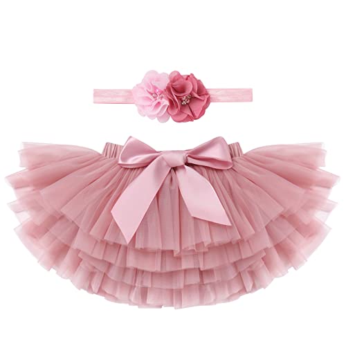 IMEKIS Baby Mädchen Tutu Kleid Kleinkind Prinzessin Regenbogen Geschichtete Tüllrock Pumphose Windel Überzug mit Blumenstirnband 2 Stück Geburtstagsparty Outfit für Fotografie Requisiten 6-12 Monate von IMEKIS