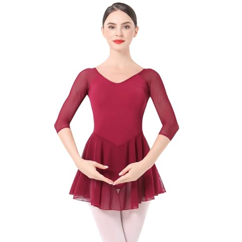 IMEKIS Ballettkleidung Damen Ballett Tanzkleid 3/4 Ärmel Ballettanzug Gymnastik Tanztrikot mit Chiffon Rock Ballettkleid Ballerina Tanzkleidung Dunkelrot M von IMEKIS