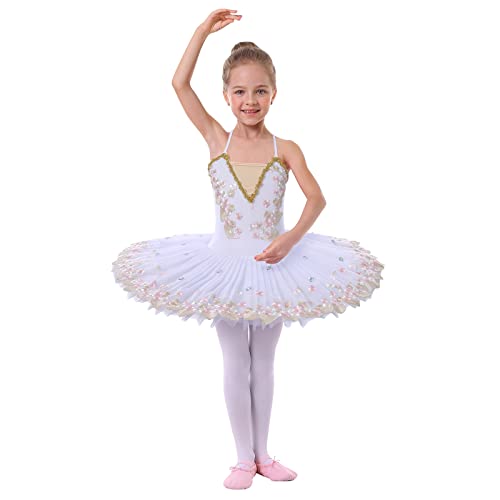 IMEKIS Blumenmädchen Ballettkleid Ärmelloses Besticktes Ballettanzug Gymnastik Tanzbody mit Rock Tütü Prinzessin Ballett Tanzkleidung Ballerina Bühnenkostüm Weiß 1 9-10 Jahre von IMEKIS