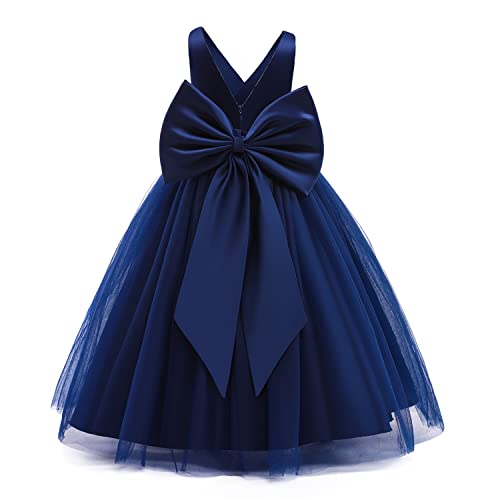 IMEKIS Blumenmädchen Hochzeit Brautjungfer Kleid Ärmellos Bowknot Festlich Tüllkleid Sommerkleid Prinzessin Geburtstag Festzug Partykleid Lang Ballkleid Marineblau 9-10 Jahre von IMEKIS