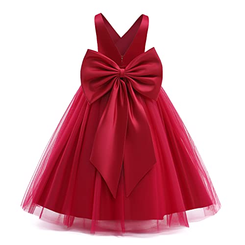 IMEKIS Blumenmädchen Hochzeit Brautjungfer Kleid Ärmellos Bowknot Festlich Tüllkleid Sommerkleid Prinzessin Geburtstag Festzug Partykleid Lang Ballkleid Rot 7-8 Jahre von IMEKIS