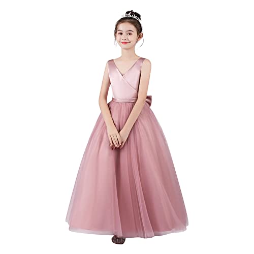 IMEKIS Blumenmädchen Hochzeit Brautjungfer Kleid Ärmellos Bowknot Prinzessin Sommerkleid Formal Geburtstag Kommunion Partykleid Festzug Lang Tüll Ballkleid Rosa 11-12 Jahre von IMEKIS