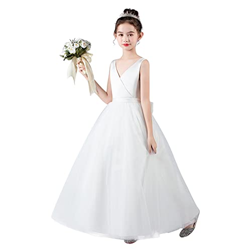 IMEKIS Blumenmädchen Hochzeit Brautjungfer Kleid Ärmellos Bowknot Prinzessin Sommerkleid Formal Geburtstag Kommunion Partykleid Festzug Lang Tüll Ballkleid Weiß 11-12 Jahre von IMEKIS