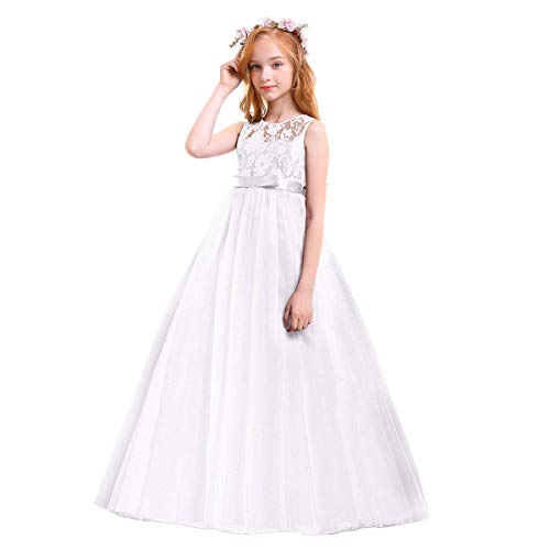 IMEKIS Blumenmädchen Kleid Ärmellose Spitze Festlich Tüllrock Hochzeit Brautjungfernkleid Geburtstag Festzug Abendkleid Prinzessin Bowknot Tutu Partykleid Lang Abschlussball Ballkleid Weiß 9-10 Jahre von IMEKIS