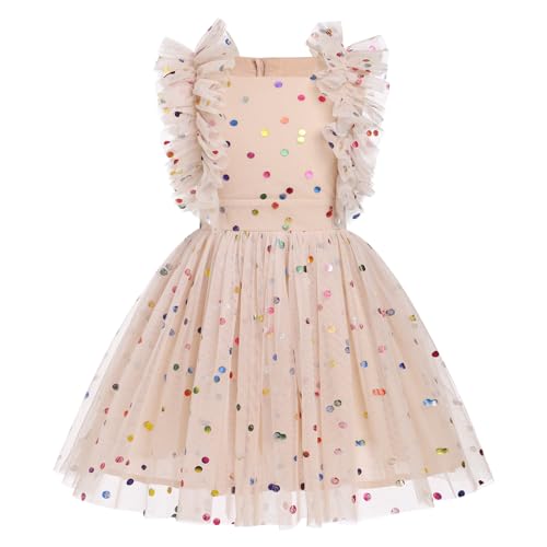 IMEKIS Blumenmädchen Kleid Kinder Regenbogen Geburtstagskleid Prinzessin Spitze Schmetterling Tüll Tutu Elegante Hochzeit Feslich Partykleid Aprikose 5-6 Jahre von IMEKIS