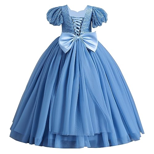 IMEKIS Blumenmädchen Kleid Prinzessin Glitter Festlichskleid Kurzarm Rüsche Tüllkleid Weihnachtskleid Kinder Geburtstag Kommunion Kleid Festzug Abendkleid Lang Ballkleid Blau 9-10 Jahre von IMEKIS
