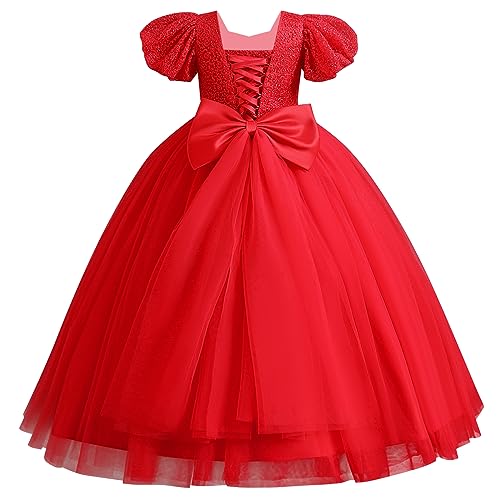 IMEKIS Blumenmädchen Kleid Prinzessin Glitter Festlichskleid Kurzarm Rüsche Tüllkleid Weihnachtskleid Kinder Geburtstag Kommunion Kleid Festzug Abendkleid Lang Ballkleid Rot 5-6 Jahre von IMEKIS