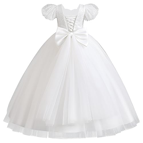 IMEKIS Blumenmädchen Kleid Prinzessin Glitter Festlichskleid Kurzarm Rüsche Tüllkleid Weihnachtskleid Kinder Geburtstag Kommunion Kleid Festzug Abendkleid Lang Ballkleid Weiß 13-14 Jahre von IMEKIS