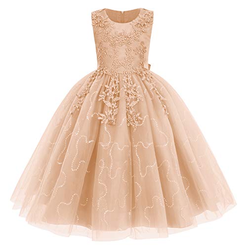 IMEKIS Blumenmädchen Kleid Prinzessin Spitze Tüll Tutu Pailletten Bowknot Abendkleid Partykleid Brautjungfer Hochzeit Geburtstag Lang Festzug Ballkleid Champagner 4-5 Jahre von IMEKIS