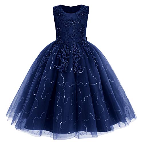 IMEKIS Blumenmädchen Kleid Prinzessin Spitze Tüll Tutu Pailletten Bowknot Abendkleid Partykleid Brautjungfer Hochzeit Geburtstag Lang Festzug Ballkleid Dunkelblau 11-12 Jahre von IMEKIS