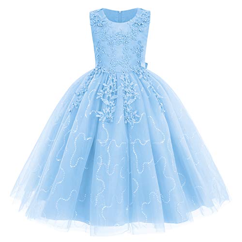 IMEKIS Blumenmädchen Kleid Prinzessin Spitze Tüll Tutu Pailletten Bowknot Abendkleid Partykleid Brautjungfer Hochzeit Geburtstag Lang Festzug Ballkleid Hellblau 11-12 Jahre von IMEKIS