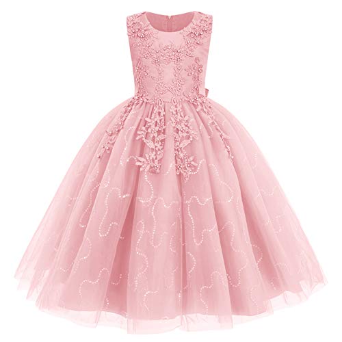 IMEKIS Blumenmädchen Kleid Prinzessin Spitze Tüll Tutu Pailletten Bowknot Abendkleid Partykleid Brautjungfer Hochzeit Geburtstag Lang Festzug Ballkleid Rosa 4-5 Jahre von IMEKIS