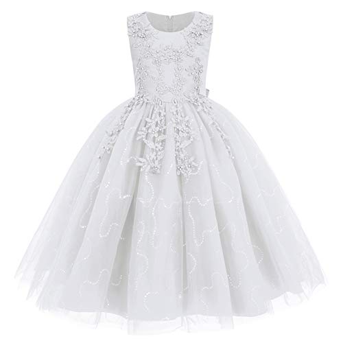 IMEKIS Blumenmädchen Kleid Prinzessin Spitze Tüll Tutu Pailletten Bowknot Abendkleid Partykleid Brautjungfer Hochzeit Geburtstag Lang Festzug Ballkleid Weiß 11-12 Jahre von IMEKIS