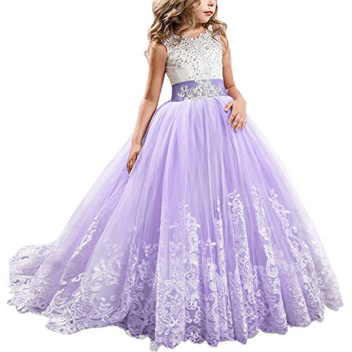 IMEKIS Blumenmädchen Kleider Elegant Spitze Tüll Abendkleid Prinzessin Brautjungfer Hochzeitskleid Geburtstag Festlich Lang Partykleid Ärmellos Stickerei Prom Ballkleid Lila 4-5 Jahre von IMEKIS