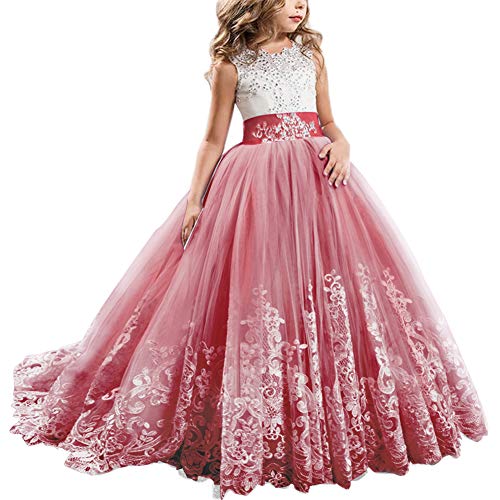 IMEKIS Blumenmädchen Kleider Elegant Spitze Tüll Abendkleid Prinzessin Brautjungfer Hochzeitskleid Geburtstag Festlich Lang Partykleid Ärmellos Stickerei Prom Ballkleid Rot 10-11 Jahre von IMEKIS