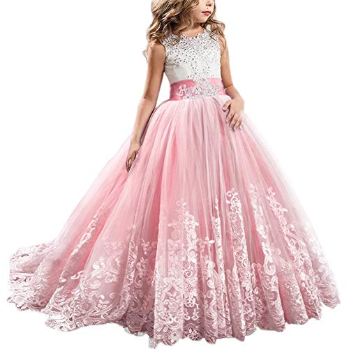 IMEKIS Blumenmädchen Kleider Elegant Spitze Tüll Abendkleid Prinzessin Brautjungfer Hochzeitskleid Geburtstag Festlich Lang Partykleid Ärmellos Stickerei Prom Ballkleid Wassermelonenrot 6-7 Jahre von IMEKIS