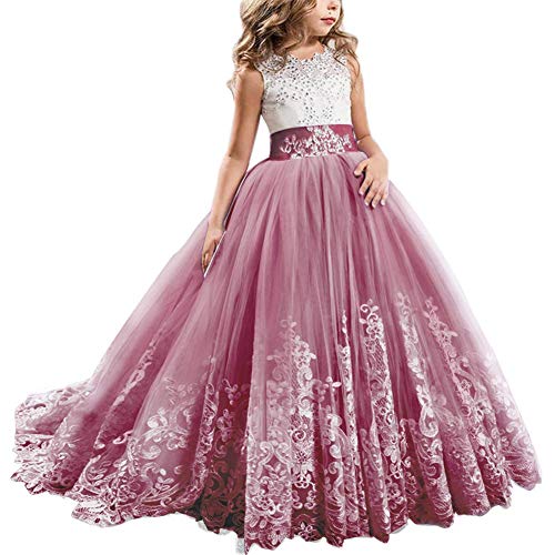 IMEKIS Blumenmädchen Kleider Elegant Spitze Tüll Abendkleid Prinzessin Brautjungfer Hochzeitskleid Geburtstag Festlich Lang Partykleid Ärmellos Stickerei Prom Ballkleid Weinrot 12-13 Jahre von IMEKIS