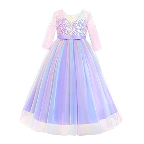 IMEKIS Blumenmädchen Partykleid 3/4 Ärmel Blumen Spitze Brautjungferkleid Formale Hochzeit Ballkleid Prinzessin Bowknot Tüll Abendkleid Geburtstag Festzug Tutu Kleid von IMEKIS