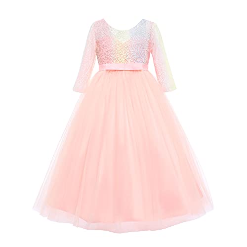 IMEKIS Blumenmädchen Partykleid 3/4 Ärmel Blumen Spitze Brautjungferkleid Formale Hochzeit Ballkleid Prinzessin Bowknot Tüll Abendkleid Geburtstag Festzug Tutu Kleid von IMEKIS