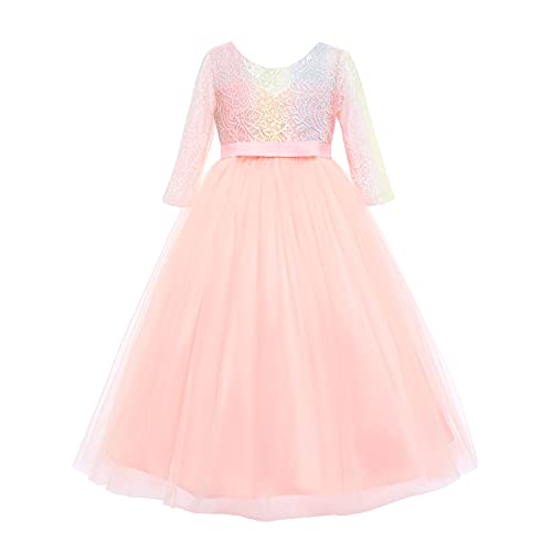IMEKIS Blumenmädchen Partykleid 3/4 Ärmel Blumen Spitze Brautjungferkleid Formale Hochzeit Ballkleid Prinzessin Bowknot Tüll Abendkleid Geburtstag Festzug Tutu Kleid von IMEKIS