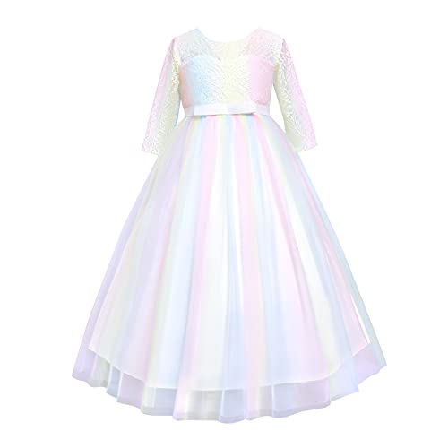 IMEKIS Blumenmädchen Partykleid 3/4 Ärmel Blumen Spitze Brautjungferkleid Formale Hochzeit Ballkleid Prinzessin Bowknot Tüll Abendkleid Geburtstag Festzug Tutu Kleid von IMEKIS