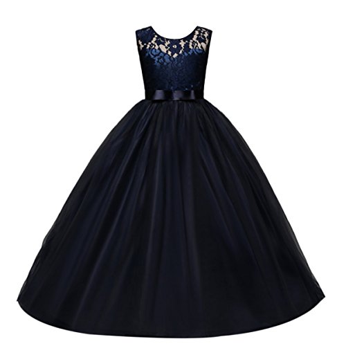 IMEKIS Blumenmädchen Prinzessin Kleid Ärmellos Spitze Tüll Hochzeit Partykleid Geburtstag Festzug Tutu Formal Abendkleid Lang Festlich Cocktailkleid Ballkleid Marineblau 12-13 Jahre von IMEKIS