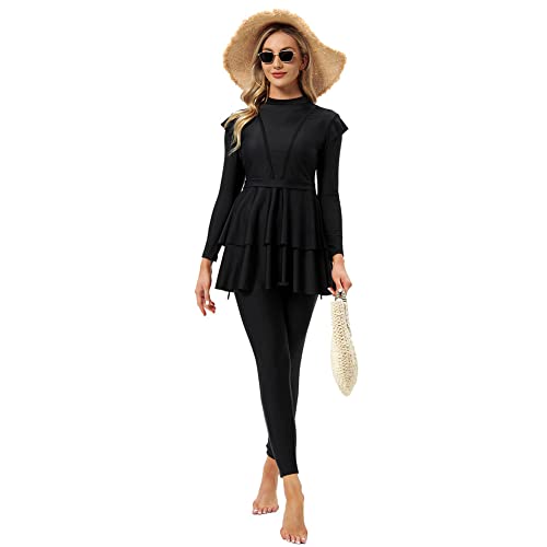 IMEKIS Burkini Damen Muslimischen Badeanzug 3tlg Bescheidene Bademode Islamischen Schwimmanzug Langarm Schwimmoberteil mit Badehose Hijab Vollabdeckung Badebekleidung Schwarz 4XL von IMEKIS