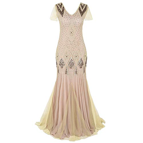 IMEKIS Damen 1920er Jahre Kleid Pailletten Flapper Gatsby Abendkleid Meerjungfrau Lang Maxikleid Vintage Cocktailkleid Hochzeit Festlichkleid Ärmellos V-Ausschnitt Abschlussball Ballkleid Aprikose S von IMEKIS