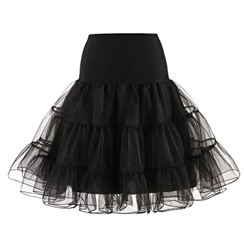 IMEKIS Damen 1950er Retro Petticoats A-Linie Rockabilly Tutu Rock mit R?schen Saum Knielang Crinoline Unterrock Halbrock Hochzeit Brautkleid Schwarz L von IMEKIS