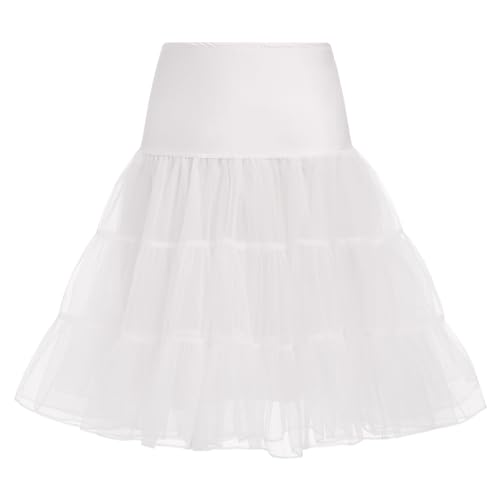 IMEKIS Damen 1950er Retro Petticoats A-Linie Rockabilly Tutu Rock mit R?schen Saum Knielang Crinoline Unterrock Halbrock Hochzeit Brautkleid Wei? M von IMEKIS